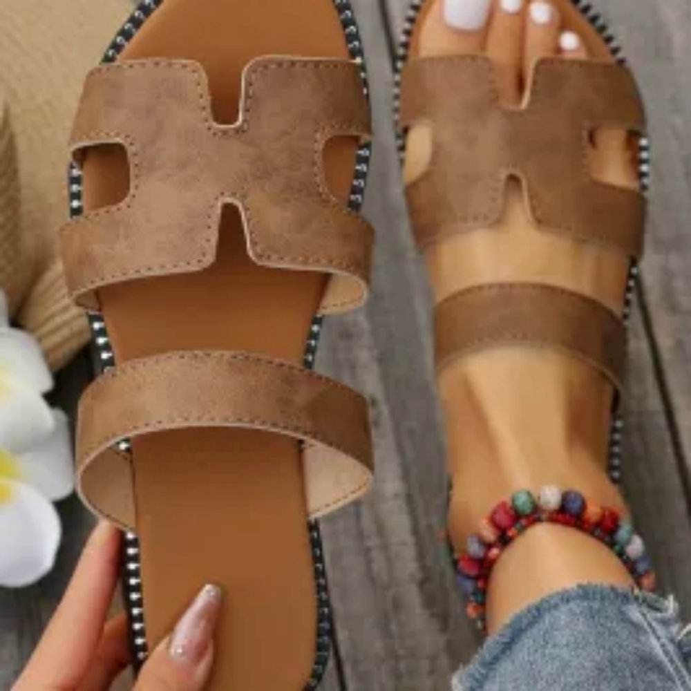 Brown Cut Out H Shape Band PU Leather Slippers
